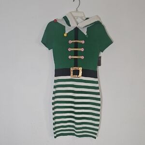 Ugly CHRISTMAS No Boundaries Holiday Green and White Striped Elf Dress Sz XS (1)